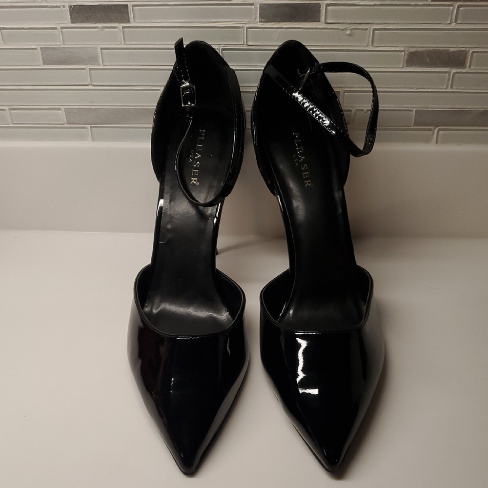 PLEASER USA Black Patent Leather STILETTOS with 4.5IN Silver Heel. SIZE 16. NEW